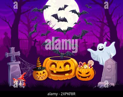 Halloween Friedhofslandschaft mit Fledermäusen und gruseligen Kürbissen. Vektorfriedhof mit Jack-o-Laternen, Geist und Süßigkeiten, zwischen alten Gräbern Stock Vektor