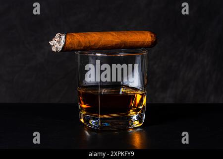 Zigarre auf einem Glas Scotch Whiskey serviert ordentlich. Stockfoto