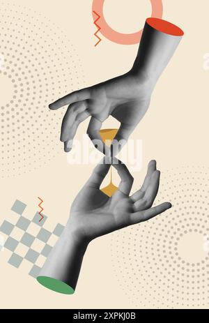 Sanduhr- oder sandglasform mit Händen in Retro 80s Collage gemischte Medien Vektor Illustration. Konzept für Zeitmanagement, Countdown, Deadline und Pas Stock Vektor