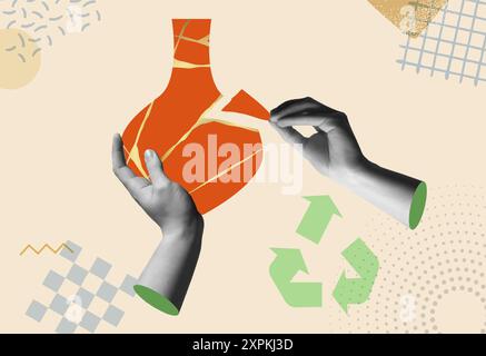 Menschliche Hände reparieren kintsugi-keramische Keramik-Dekor in Retro-Mischmedien-Collage-Illustrationskarte. Traditionelle japanische Kulturvase für Konzept o Stock Vektor