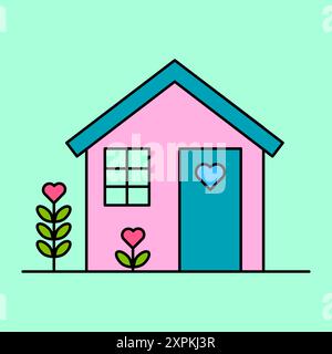 Pinkfarbene Hausabbildung. Blaue Dachdetails. Herzförmige Dekorationen. Moderne Vektorkunst. Stock Vektor
