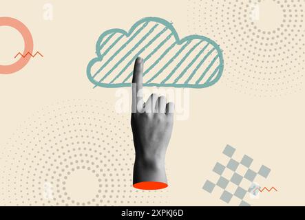 Cloud-Computing-Symbol mit menschlicher Hand, die mit dem Finger nach oben zeigt, Geste in Retro-Collage der 80er Jahre mit gemischten Medien Vektor-Illustration. Konzept der Datenübertragung, Socia Stock Vektor