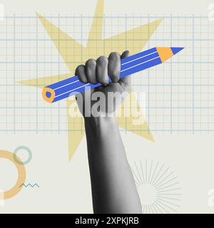 Menschliche Hand erhobene Faust mit Bleistift in Retro-Collage-Mischmedienvektor-Illustration. Konzept für Bildungsrevolution, Alphabetisierung, Lernen und hohe sch Stock Vektor