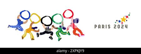 Bunte Menschen gruppieren sich für Olympische Spiele in flachen Vektor-Illustration. Konzept für Paris 2024, internationaler Sportwettbewerb, Teamwork und t Stock Vektor