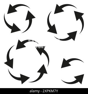 Kreisförmige Pfeilsymbole. Schwarze Pfeile. Symbole für Rotation und Recycling. Vektorabbildung. Stock Vektor