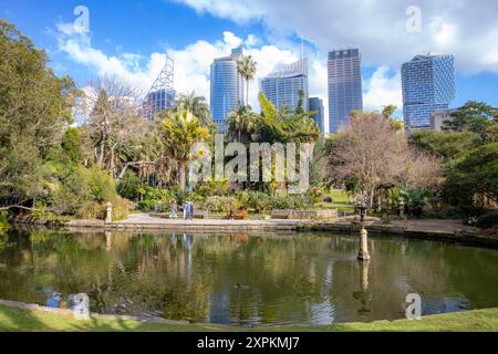 Sydney Royal Botanic Gardens mit Blick auf das Stadtzentrum von Sydney und Wolkenkratzer Bürogebäude an der Macquarie Street, Sydney, NSW, Australien Stockfoto