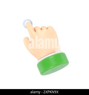 Cartoon Geste Symbol Mockup.3D Illustration Hand Touch Button Cartoon Charakter Hand. 3D-Rendering auf weißem Hintergrund. Stockfoto