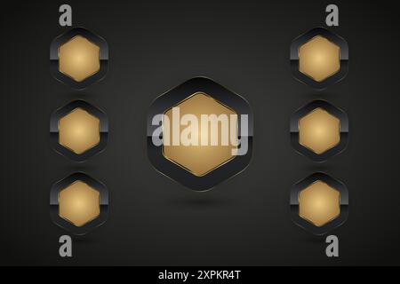 SET aus goldenen Diagrammtasten mit hochwertigen realistischen isolierten Website-Elementen und drei luxuriösen Knöpfen in sechseckigen Formen mit goldenem Rahmen-Vektorillu Stock Vektor