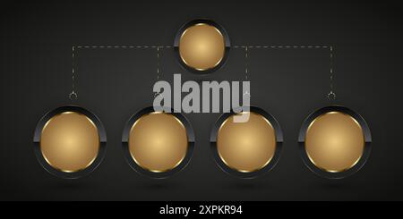 Diagramm der Knöpfe mit kreisförmiger Schleife in Gruppe von FÜNF Elementen aus dunklem und glod-Stahl, FÜNF luxuriösen, realistisch glänzenden Metallknöpfen. Und acht goldene Kreisknöpfe Stock Vektor