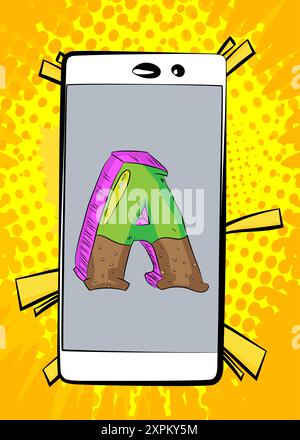 Cartoon Smartphone, Comic Buch Telefon mit Buchstabe A. Retro Vektor Comics Pop Art Design. Stock Vektor