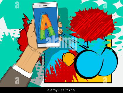 Cartoon Smartphone, Comic Buch Telefon mit Buchstabe A. Retro Vektor Comics Pop Art Design. Stock Vektor