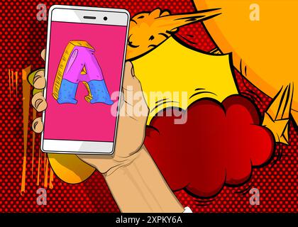 Cartoon Smartphone, Comic Buch Telefon mit Buchstabe A. Retro Vektor Comics Pop Art Design. Stock Vektor