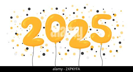 2025 Neujahrsfeier Vektor-Illustration. Ballons Zahlen und Konfetti. Flache goldfarbene Heliumballons isoliert. Aufblasbare Ziffern ein Stock Vektor