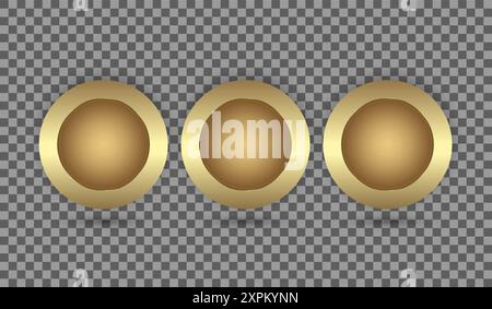 Satz von drei goldenen Kreisknöpfen, Premium-Banner auf Transparecy Hintergrund, 3 goldene Knöpfe in runder goldener Rahmen Vektor-Illustration Stock Vektor