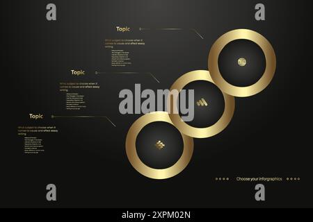 Drei goldene Kreisknöpfe, Premium-Banner, Knöpfe auf dunklem Hintergrund, Satz goldene Taste in Verarbeitung goldene Rahmen Vektor-Illustration Stock Vektor