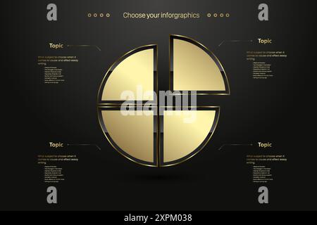 Ein goldenes, luxuriöses Tortendiagramm Kreisknöpfe, Premium-Banner, Knöpfe auf dunklem Hintergrund, Satz Goldknopf in Verarbeitung Gold, Vektor-Illustration Stock Vektor