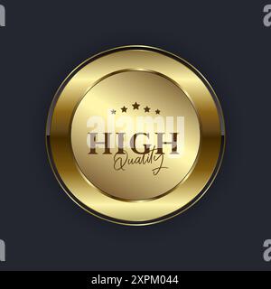 Eine hochwertige und goldene Etikettentaste auf schwarzem Hintergrund. Realistische Vektorillustration von goldenen Abzeichen und Etiketten mit Lorbeerkranz Collectio Stock Vektor