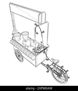 Popcorn Maker Vektor-Illustration. Vintage Kiosk im Vergnügungspark. Street Food. Dreiradkinogerichte. Isometrische Ansicht. 3D Stock Vektor