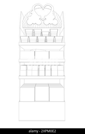 Supermarkt-Schaufenster. Supermarkt mit Lebensmittelregalen, Regalen. Vektorkonzept speichern Stock Vektor