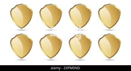 Acht goldene gesicherte Symbole, Symbole und Verteidigungsformen auf isoliertem Hintergrund, Eine luxuriöse, hochwertige, goldene Ikonen isoliert weiß. Vektorillustraten Stock Vektor