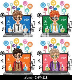 Schüler lernen Wissenschaft durch Online-Kurse Stock Vektor
