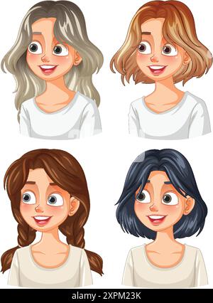 Vier Zeichentrickfiguren mit verschiedenen Frisuren Stock Vektor