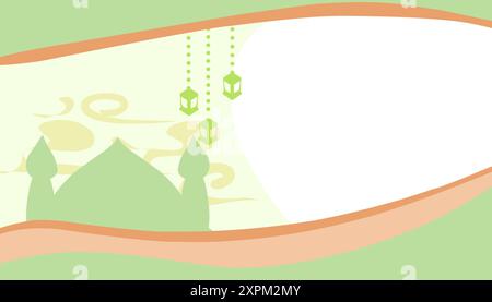 Hintergrundthema des Ramadan und der muslimischen Feiertage mit Silhouetten von grünen Moscheen und grünen Wellen. Stock Vektor