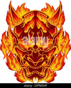Illustration einer japanischen Maske mit Feuermotiv. Perfekt für Aufkleber, Symbole, Logos, Poster, Banner Stock Vektor