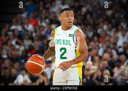 YAGO Santos of Brazil, Basketball, Men&#39;Viertelfinale zwischen Brasilien und den Vereinigten Staaten während der Olympischen Spiele Paris 2024 am 6. August 2024 in der Arena Bercy in Paris, Frankreich Stockfoto