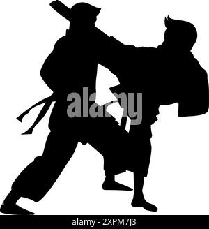 Silhouettenbild von zwei Menschen, die Karate auf weißem Hintergrund bekämpfen Stock Vektor