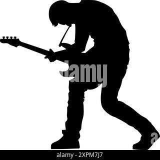 Silhouettenbild eines elektrischen Gitarrenspielers auf weißem Hintergrund, geeignet für Tattoos, Logos, Ikonen, Aufkleber, Werbung Stock Vektor