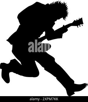 Silhouettenbild eines elektrischen Gitarrenspielers auf weißem Hintergrund, geeignet für Tattoos, Logos, Ikonen, Aufkleber, Werbung Stock Vektor