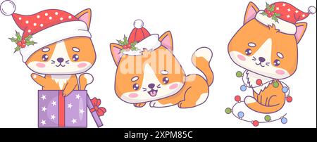 Niedliche Weihnachtskatzen mit Weihnachtsmütze in Geschenkbox und festlicher Girlande. Isolierte Silvester-Cartoon-Kawaii-Tierfigur. Vektorabbildung Stock Vektor