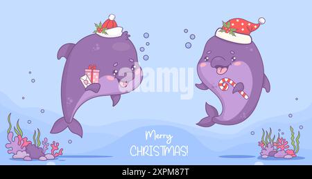 Fröhliches Weihnachtsposter. Süße Weihnachtsdelfine mit Weihnachtsmütze mit Geschenk und gestreiftem Zuckerrohr. Horizontales Silvester-Banner mit Unterwasserwagen Stock Vektor