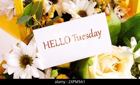 Die Worte HALLO DIENSTAG auf einer weißen Karte in einem Korb voller Blumen Stockfoto