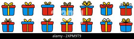 Geschenkkarton-Symbol. Set gezeichneter Geschenkboxen mit Schleife. Sammlung niedlicher Geschenkboxen. Stock Vektor