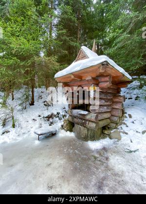 Alte hölzerne Ziehbrunnen im winterlichen Kiefernwald Stockfoto