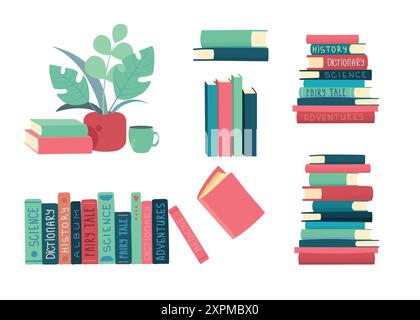 Stapel von Büchern zum Lesen, Stapel von Lehrbüchern für den Unterricht. Satz von Literatur, Wörterbüchern, Enzyklopädien, Planern mit Lesezeichen. Flach eingefärbt Stock Vektor