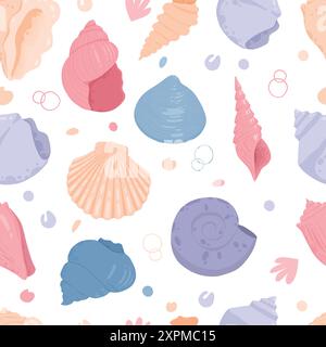 Nahtloses Muschelmuster. Tropische und nautische Elemente. Textil-Druck mit Muscheln oder Muscheln unter Wasser. Exotische Meeresmuscheln, Meeresfrüchte Stock Vektor