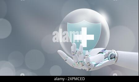 Futuristische KI Roboter Hand bieten medizinischen Schild mit Blase auf weißem Hintergrund. Das Konzept der Familienlebensversicherung, der medizinischen Versorgungsversicherung. Stockfoto