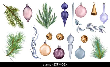 Weihnachtsbaumzweige, Spielzeug und Glocken in Aquarellillustration Set isoliert. Nadelbäume Clipart handgezeichnet. Fichte und Kiefer, Blätter auf Ast Stockfoto