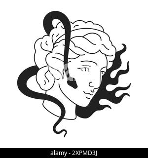 Y2K antike griechische Göttin Kopf Statue mit Schlange Flamme Tattoo Kunst Umriss Icon Vektor flache Illustration. Altes Frauengesicht Denkmal mit Viper Burn f Stock Vektor