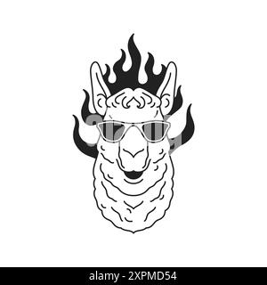 Y2K Mode lama in der Sonnenbrille mit brennender Flamme schwarze Kunst Tattoo Umrissvektor flache Illustration. Stilvolles Tier in Sommerbrille psychedelisch c Stock Vektor