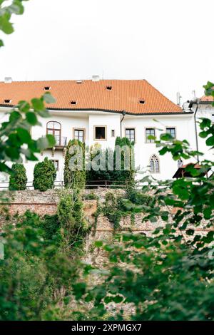 Ein atemberaubendes historisches Gebäude mit eleganter Architektur vor einem Hintergrund von lebhaftem Grün. Die klaren Linien und die geschmackvolle Gartenanlage im Freien Stockfoto