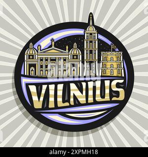 Vektor-Logo für Vilnius, dekorativer Kreis-Tag mit Umrissillustration der beleuchteten vilnius Stadtlandschaft auf Dämmerungshimmel Hintergrund, Kunstdesign-Kühlschrank Stock Vektor