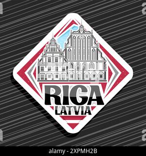 Vektor-Logo für Riga, weißes Rautenschild mit Umrissdarstellung des berühmten Hauses der Mitesser in riga auf dem Tag-Himmel-Hintergrund, dekoratives urba Stock Vektor