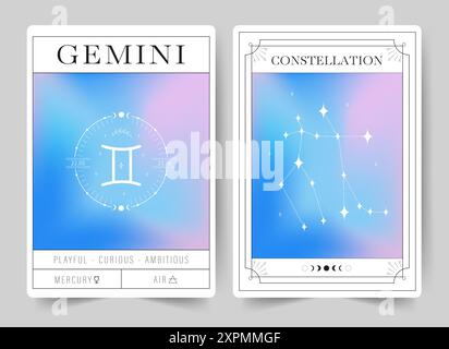 Gemini. Hexenkarten mit Sternzeichen und Sternbild. Moderne, verschwommene Astrologie-Plakate im Y2K-Stil. Perfekt für Tarot Stock Vektor