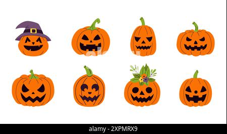 Ein Set aus acht Halloween-Kürbissen mit Gesichtern und Hexenhut. Die Kürbisse lächeln und sehen gruselig aus. Vektor-Zeichentrickdarstellungen isoliert o Stock Vektor