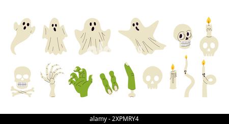 Eine Sammlung dekorativer Halloween-Elemente, darunter Geister, Skelette, Schädel und gruselige, gruselige Kreaturen. Vektor-Zeichentrickdarstellungen isoliert Stock Vektor