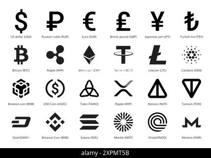Verschiedene Währungssymbole und Krypto-Münzzeichen. Set mit Dollarzeichen, Euro, Bitcoin und anderem. Silhouette Schwarz-weiß-Symbole isoliert o Stock Vektor